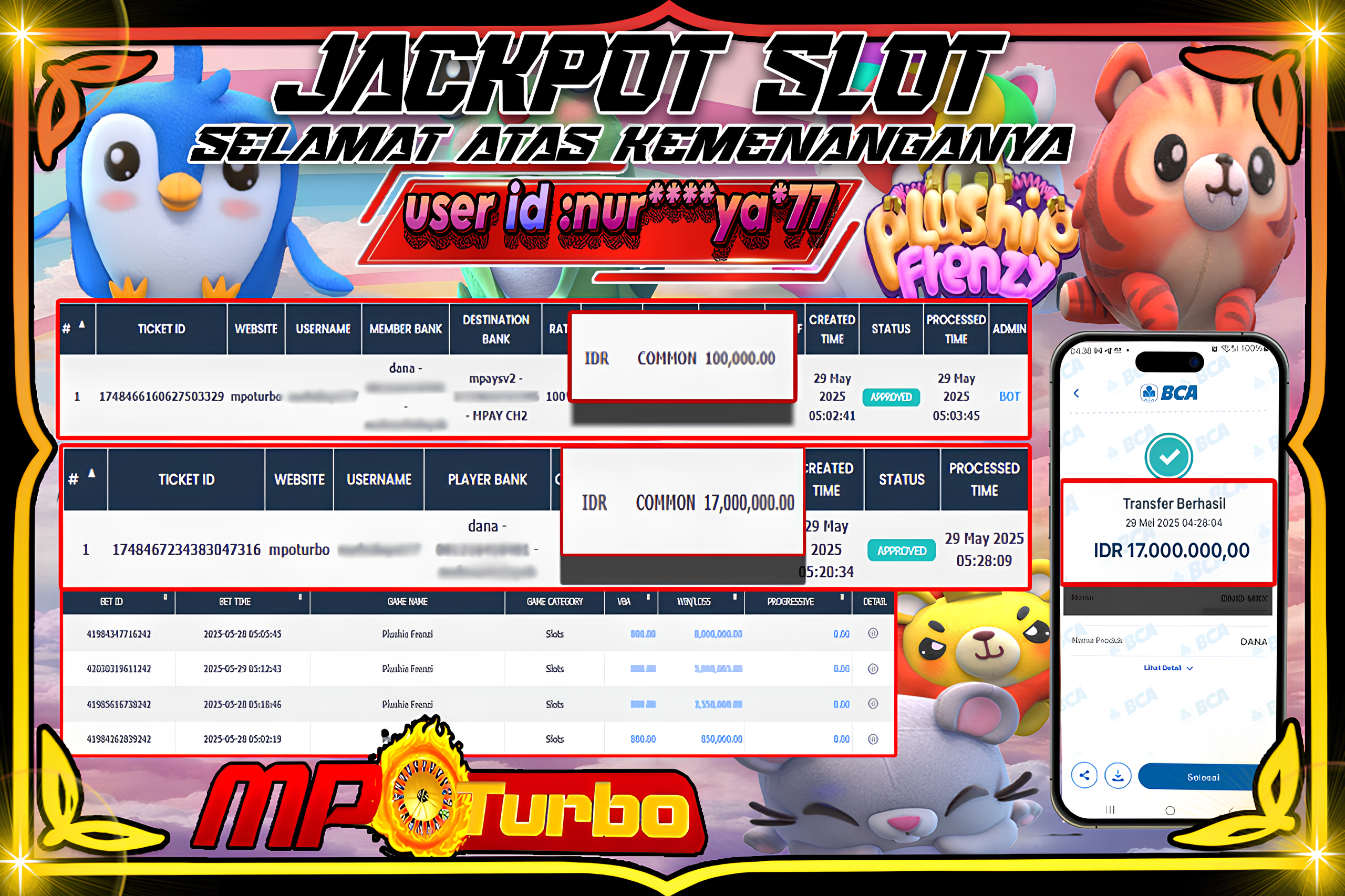 MPOTURBO JACKPOT SLOT PlUSHIE FRENZI PGSOFT Rp 17,000,000.00,- LUNAS